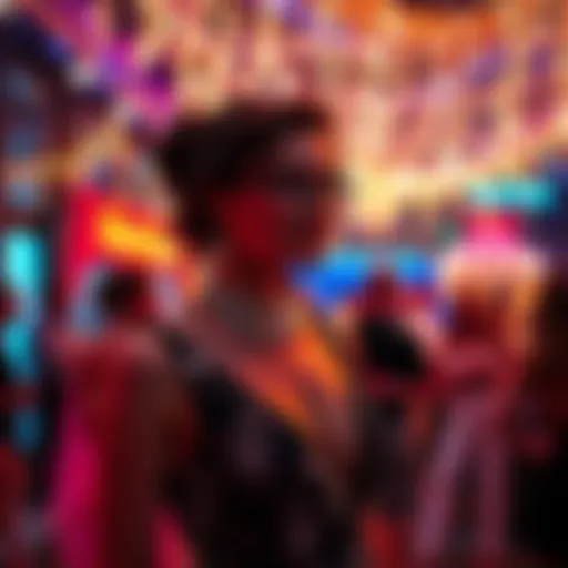 Louise dressed in glamorous attire, preparing for a lively night at The Necklace, surrounded by decorations and lights.