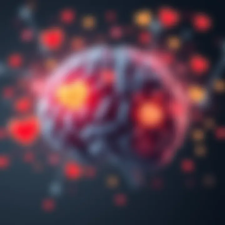 Illustration showing brain areas highlighted with love hormones like dopamine and oxytocin, alongside symbols of attraction and bonding.