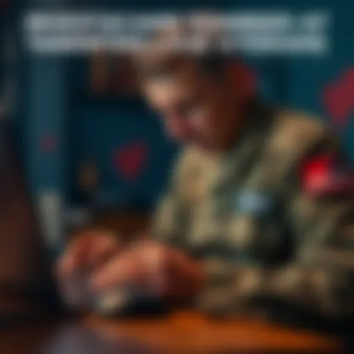 A concerned disabled veteran looking at a laptop, showing signs of distress from an online romance scam.