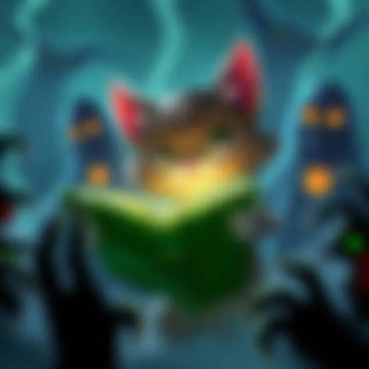A cartoon cat with wide eyes and a determined expression, wielding a glowing book while surrounded by shadowy, menacing figures representing eldritch horrors.