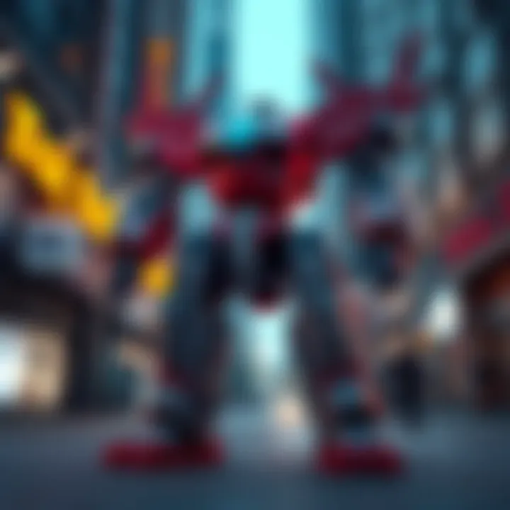 A low poly giant robot piloted by a character stands in an urban setting, showcasing its design and mechanical features.