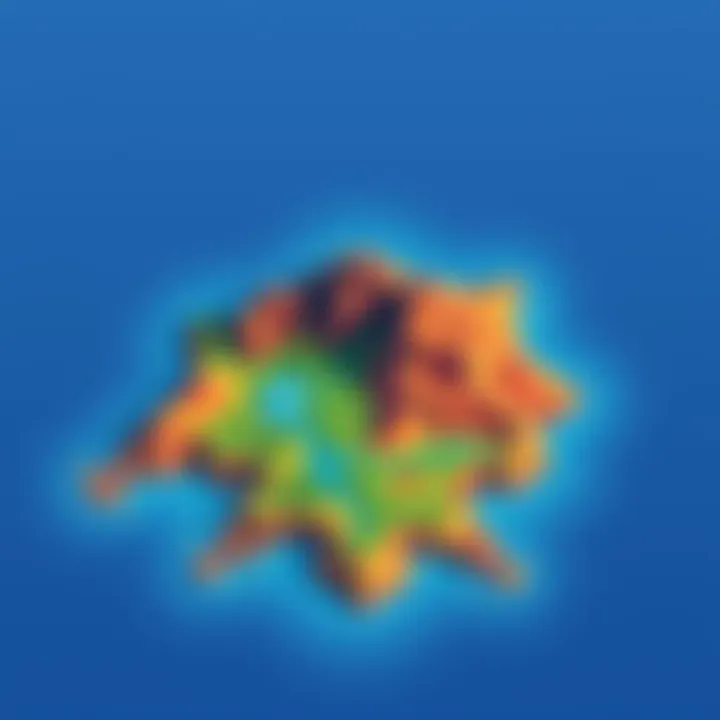 A stylized low poly map inspired by Outset Island, featuring colorful terrain and simple shapes, showing a scenic island layout