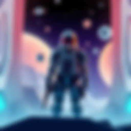 A low poly styled space soldier standing in a futuristic environment with stars and planets in the background.