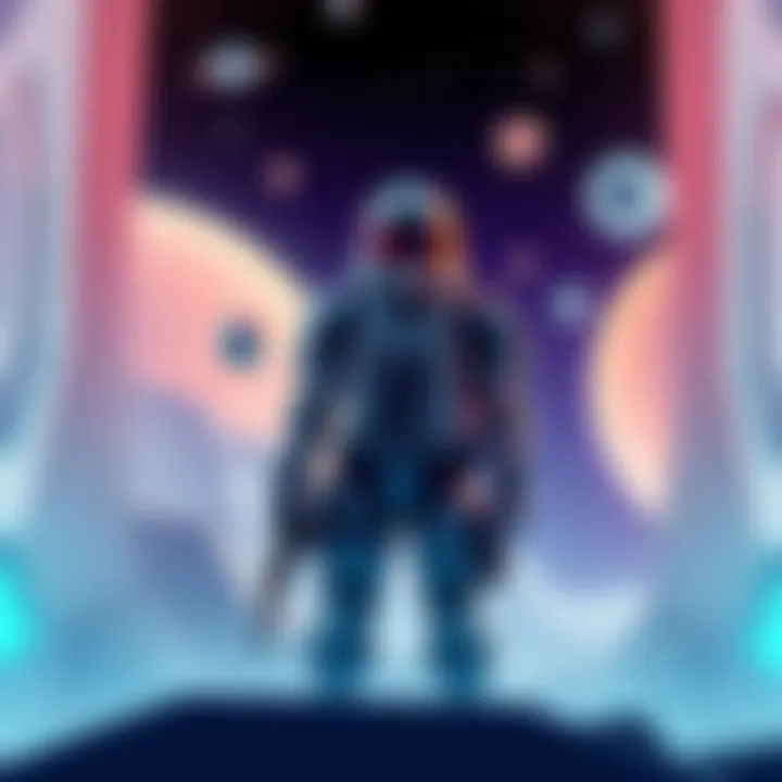 A low poly styled space soldier standing in a futuristic environment with stars and planets in the background.