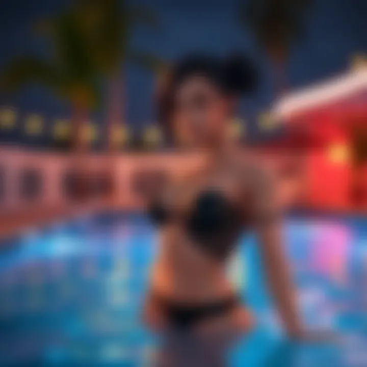 Lucia taking her top off at a pool in GTA 6, animated scene showcasing her playful side