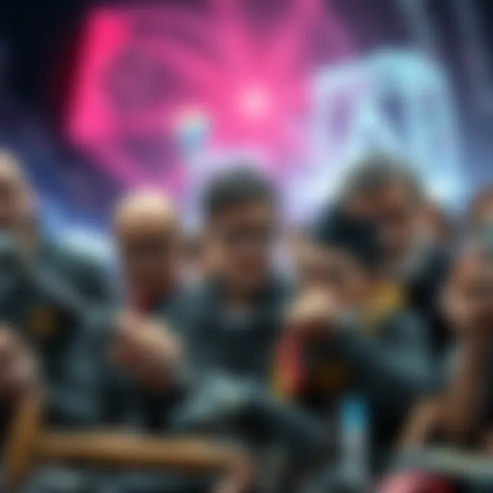 A group of Luddites looking concerned while using old tools as modern technology looms in the background.