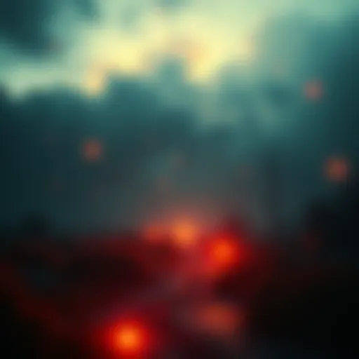 A dark landscape illuminated by eerie glowing lights, with shadows looming in the background