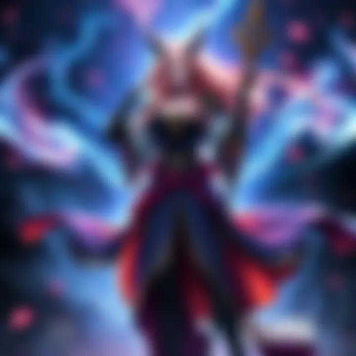 A powerful archmage, Lyanna stands confidently with magic swirling around her, dressed in elegant robes with a staff in hand, symbolizing her transformation from a barmaid.