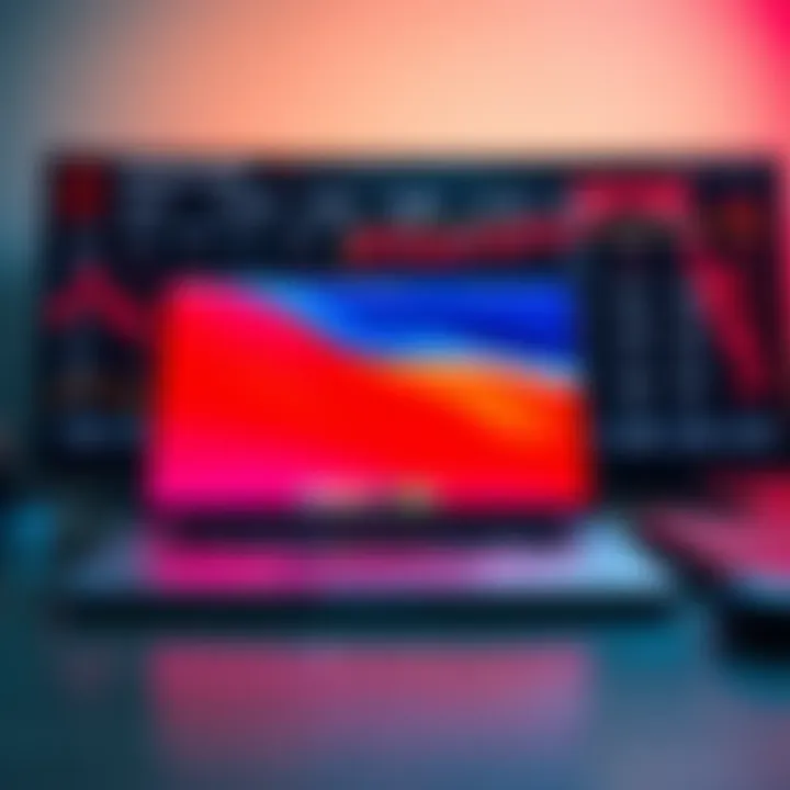 A MacBook Neo placed on a desk with sales figures displayed on a screen in the background, highlighting its strong market performance.