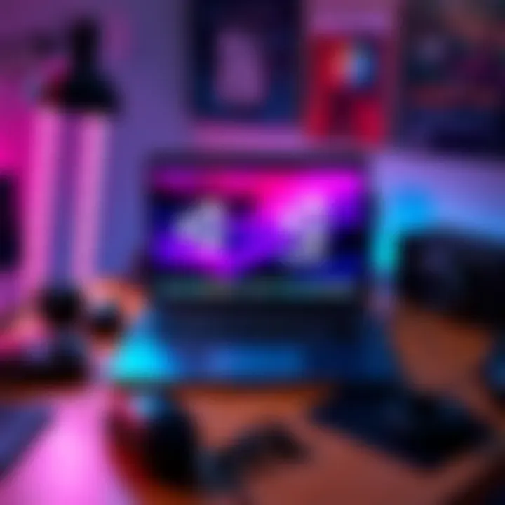 A MacBook Pro M5 laptop displaying the Unity game development software on a desk, surrounded by gaming accessories.