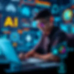 A person studying machine learning with a laptop and notes, surrounded by AI-related graphics