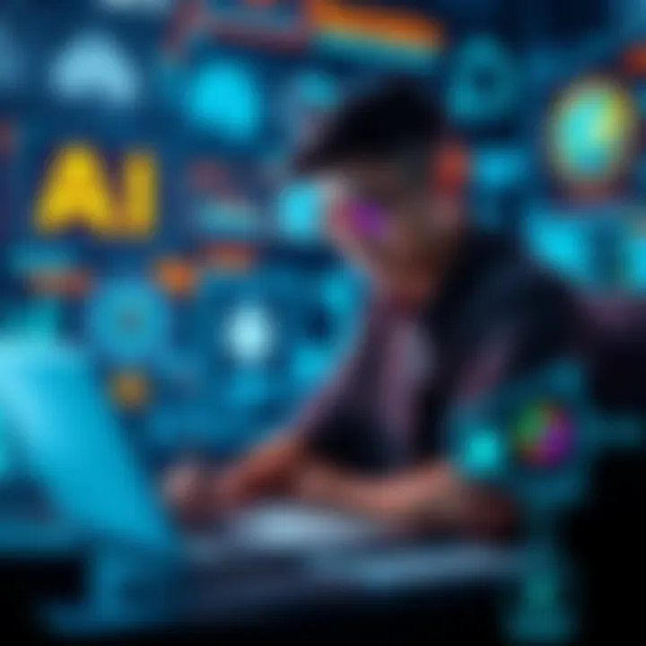 A person studying machine learning with a laptop and notes, surrounded by AI-related graphics
