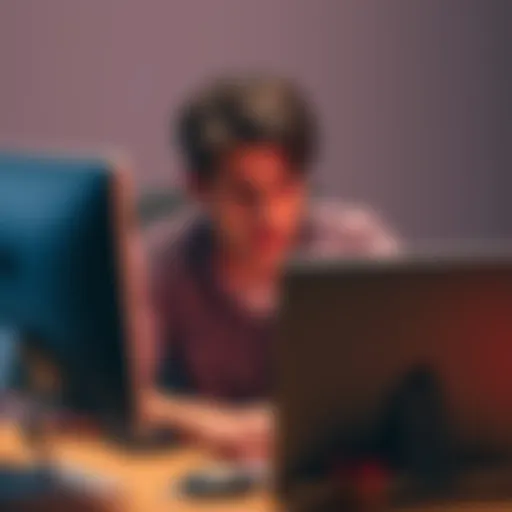 A person sitting at a desk with a Mac computer, looking frustrated while attempting to type in a chat box that is not focused.