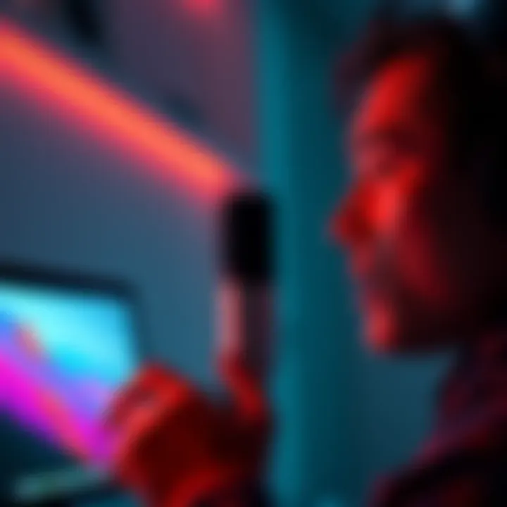 A person speaking into a microphone on a Mac, demonstrating the Speak to Claude feature in macOS with a focused expression.