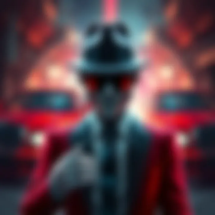 A digital character representing a mafia boss, wearing a fedora and suit, surrounded by symbols of power like luxury cars and money.