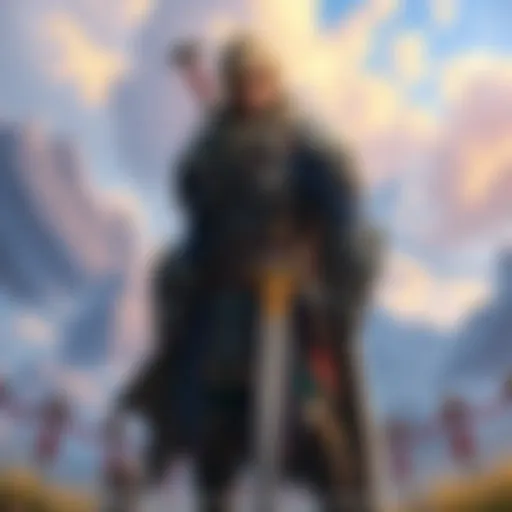 A fantasy character with unique armor and a sword, standing confidently in a vibrant landscape