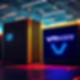 A visual comparison showing a mainframe computer next to VMware logos, highlighting cost benefits.