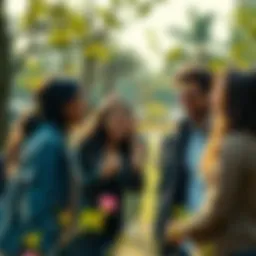 A group of people laughing and talking together in a park, enjoying their time while making new friendships.
