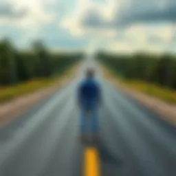 A person standing at a fork in the road, contemplating two paths, one clear and marked, the other dark and unclear, symbolizing decision-making.