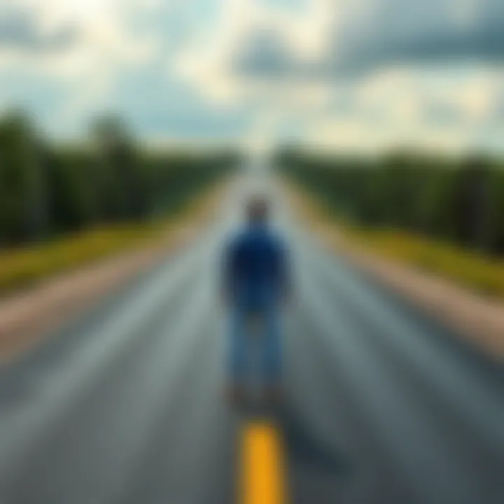 A person standing at a fork in the road, contemplating two paths, one clear and marked, the other dark and unclear, symbolizing decision-making.