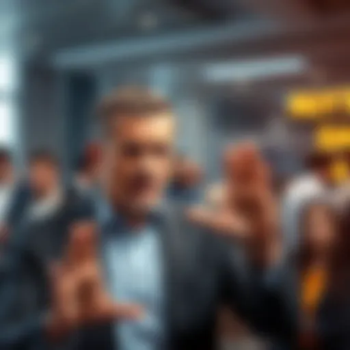 A man with an annoyed expression gestures with his hand, as if telling others to be quiet, surrounded by people debating in the background.