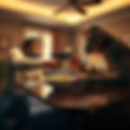 A man and a cheeky monkey compete for a bowl of cereal in a living room, with the man using a toy gun to try to scare off the monkey.