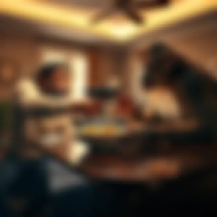 Man and Monkey Showdown A man and a cheeky monkey compete for a bowl of cereal in a living room, with the man using a toy gun to try to scare off the monkey.