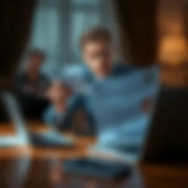 A man sits at a table with a worried expression, holding a legal document while looking at a laptop, symbolizing the consequences of sharing intimate images without consent.