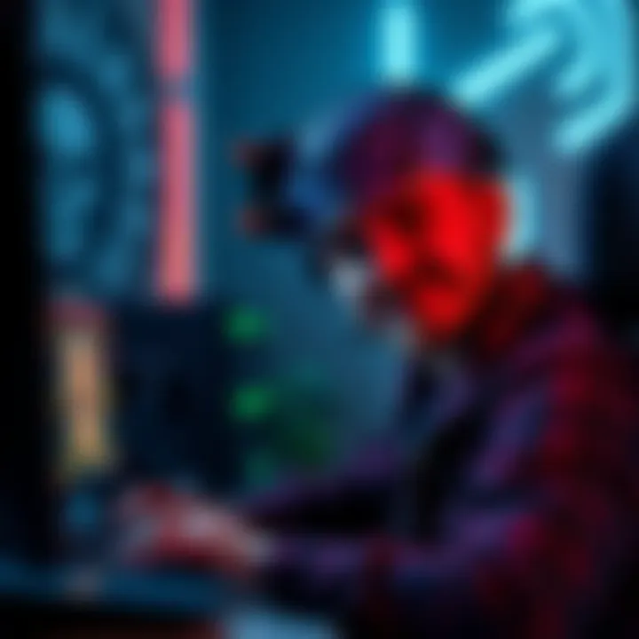 Man Playing Video Game with Mind A man using a brain-computer interface to play World of Warcraft with his thoughts, focused and engaged in the gaming experience.