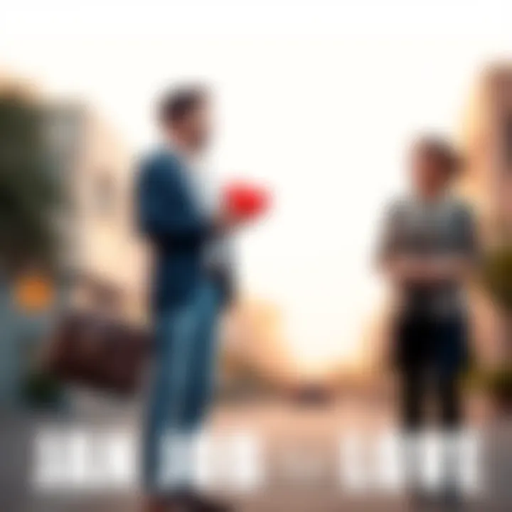 A man stands with a briefcase in one hand and a heart in the other, smiling as he looks toward his wife who is standing smiling back at him, symbolizing their renewed commitment to each other after hi...