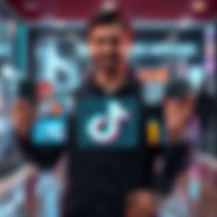 A man stands confidently while displaying a digital representation of himself alongside popular products, symbolizing his decision to sell his image for AI promotion on TikTok.