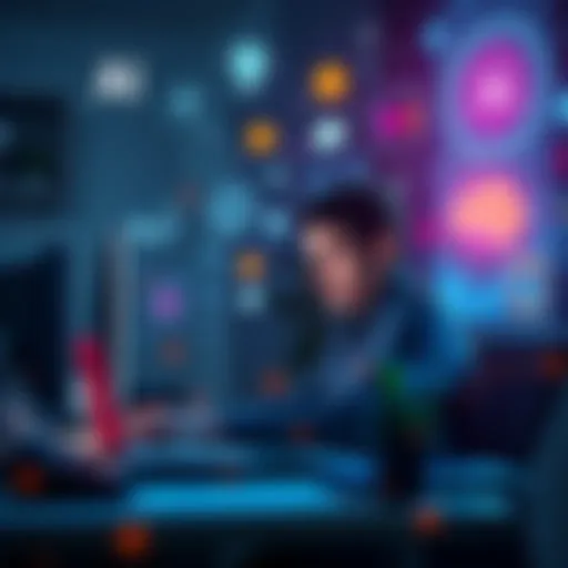 A focused man sitting at a desk, using a laptop, surrounded by various AI-related icons and graphics representing technology and complexity.