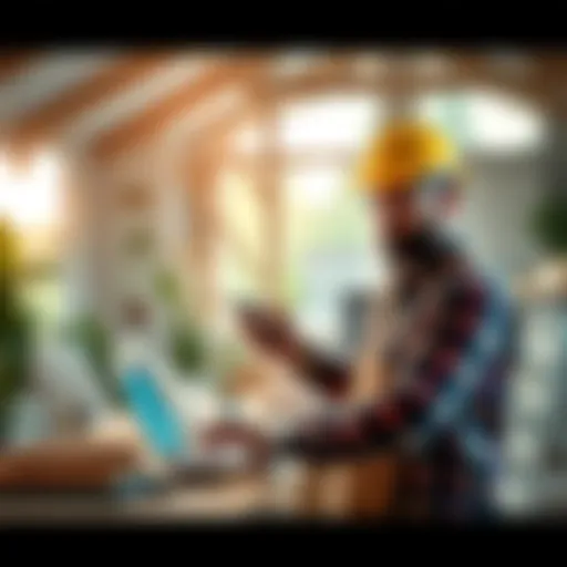 A man works on constructing a sustainable house with AI tools, surrounded by eco-friendly materials and technology.