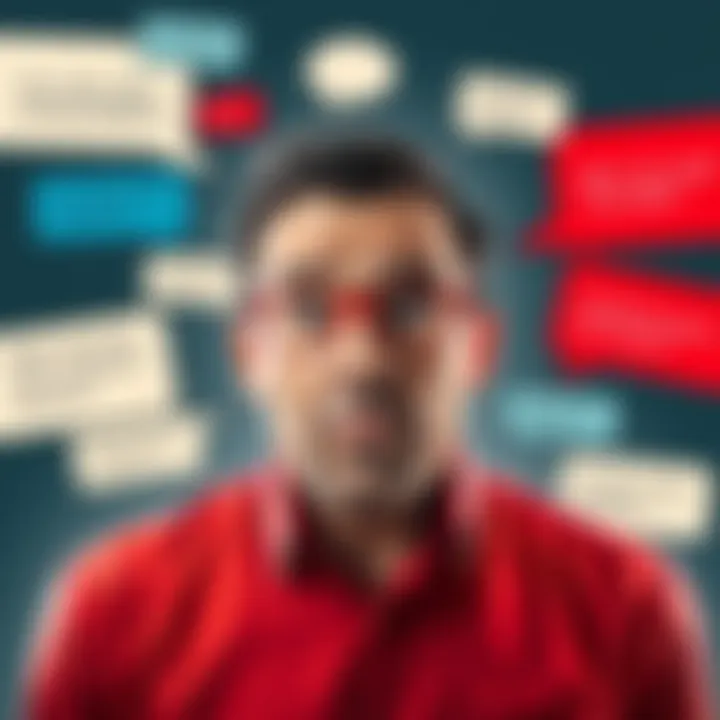 A man looking confused as he speaks, surrounded by swirling text bubbles showing different statements, representing his frequent changes in opinion.