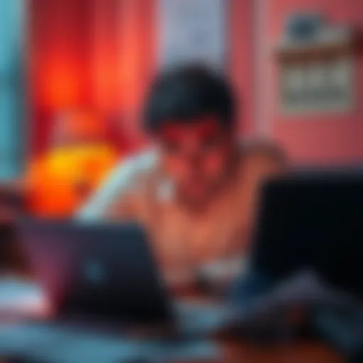 A worried man sitting at a desk with a laptop, surrounded by papers, looking concerned about his situation.