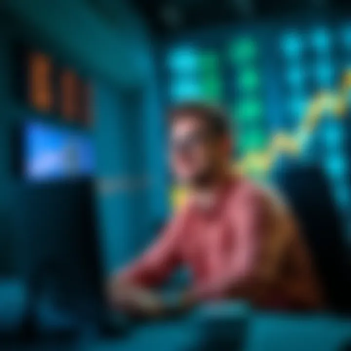A man smiling while seated at a computer, watching user numbers rapidly increase on the screen, symbolizing a rise in forum engagement.