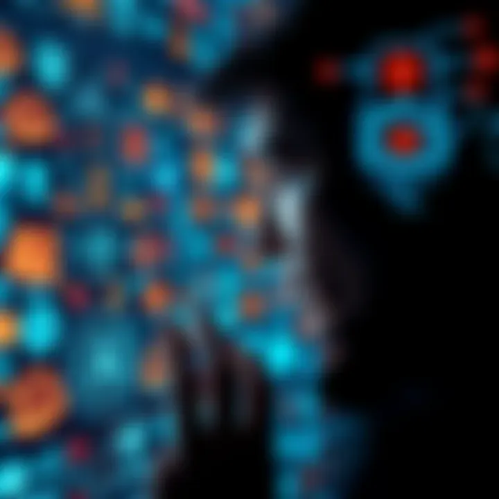 A person gazing at a digital screen filled with AI icons, showing concern about technology dependency