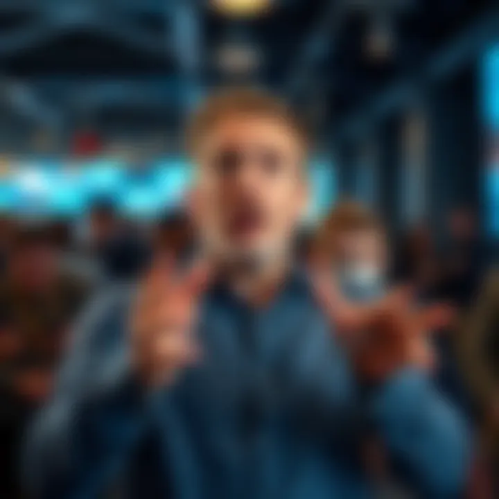 Man Opposed to AI Technology A man passionately expressing his strong views against AI technology in a public setting, gesturing emphatically with his hands.