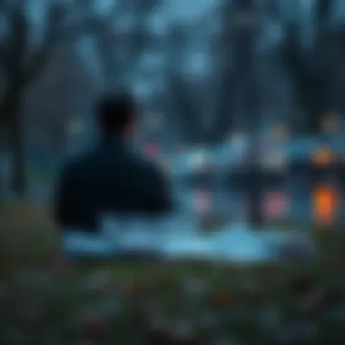 A man sits alone in a park, deep in thought about his past divorce, with AI-related articles spread out beside him.