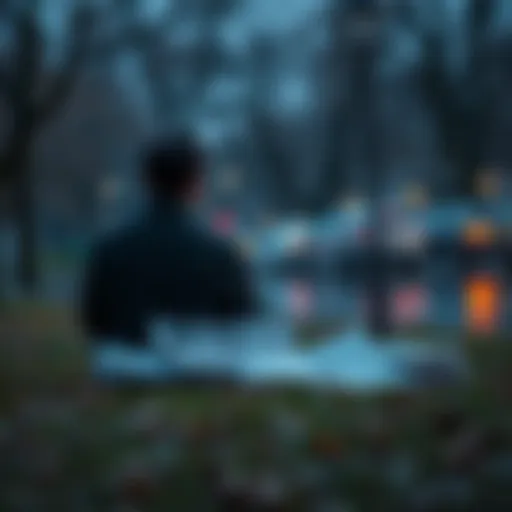 A man sits alone in a park, deep in thought about his past divorce, with AI-related articles spread out beside him.