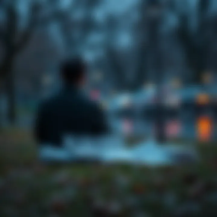 A man sits alone in a park, deep in thought about his past divorce, with AI-related articles spread out beside him.