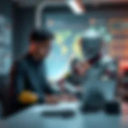 A man and a robot working together at a desk, brainstorming ideas with laptops and notepads.