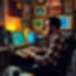 A man sits at a vintage computer surrounded by 1980s technology, imagining the impact of large language models on communication and culture.