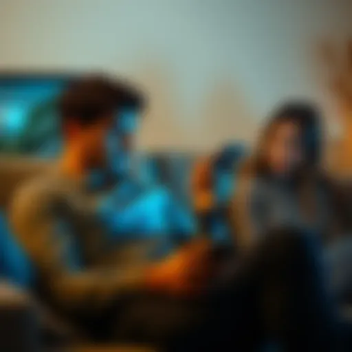 A man sitting on a couch, focused on his smartphone while a woman looks on with concern, illustrating phone use in relationships