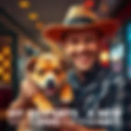 A man smiles joyfully while holding a cute dog and wearing a fashionable hat, showcasing a fun moment of surprise.
