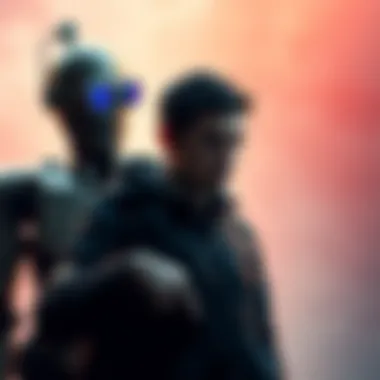 An armed man stands in front of a robot, looking conflicted, as if caught between choices.