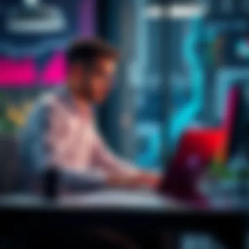 A manager at a desk using a laptop with AI software while thinking about productivity and cognitive skills.