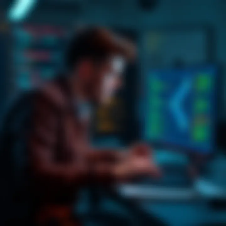 A programmer working on reusable code modules in Unity, with code lines and a diagram of dependency tracking on the screen.