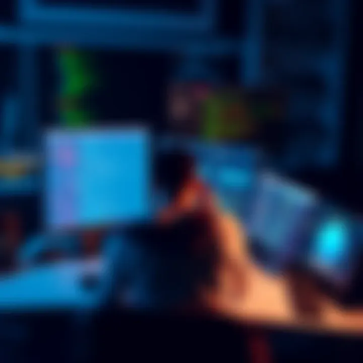 A person sitting at a desk with multiple computer screens displaying coding interfaces and task lists, showing the complexity of managing different coding tools and tasks.