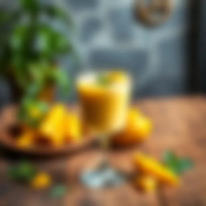 A glass of mango lassi topped with mango pieces and mint leaves, served on a wooden table